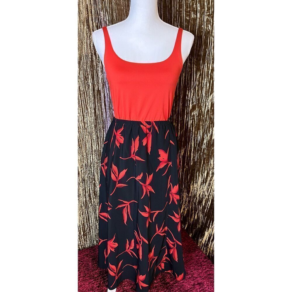 VTG Women’s Red Florals Black Midi Skirt 16p